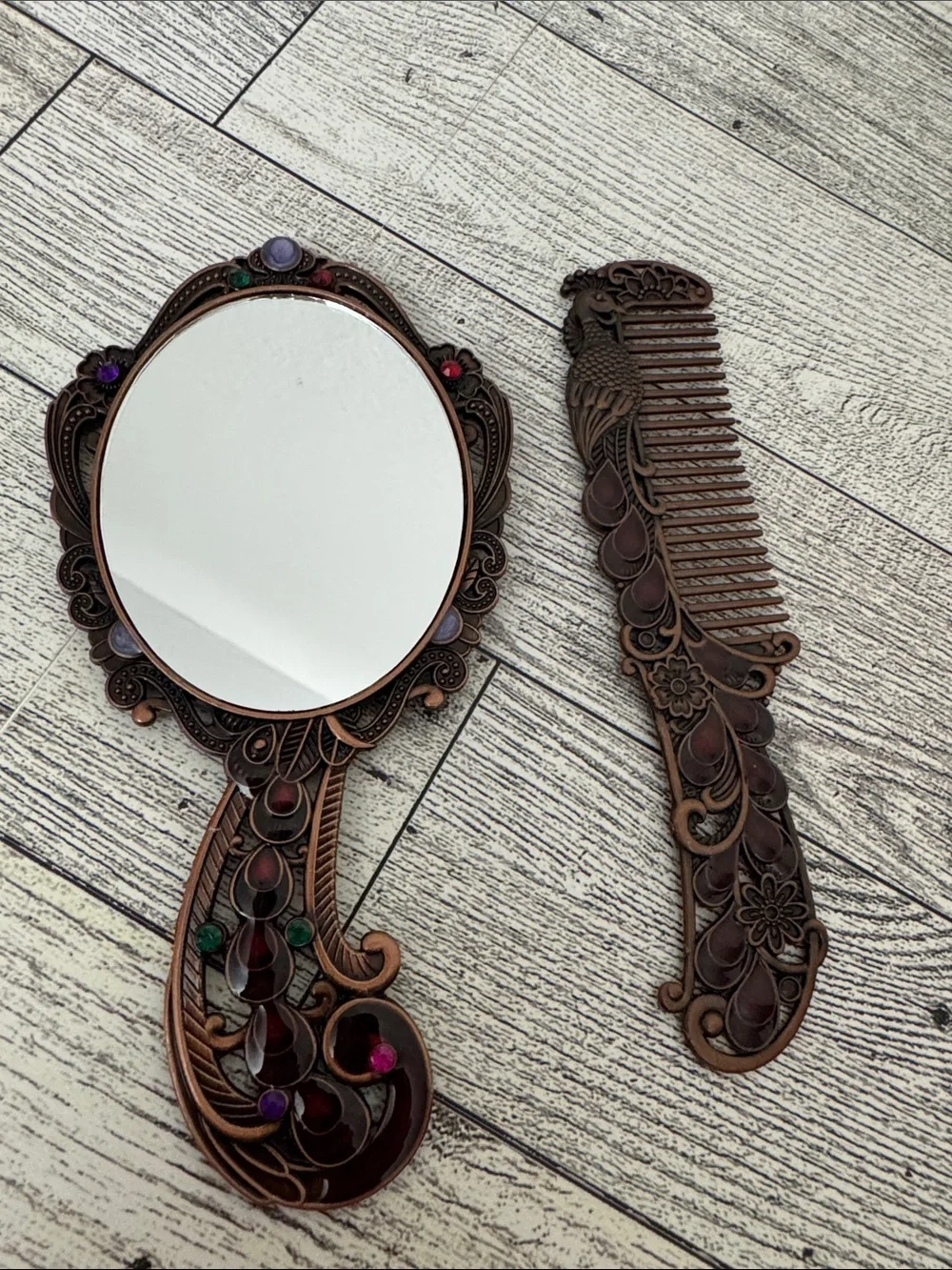 Peacock Design Bronze Finish Mirror & Comb Set NWOT